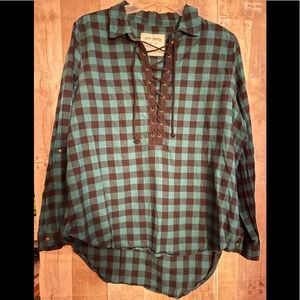 EUC TEAL AND BLACK GIRL KRAZY PLAID LACE UP FLANNEL